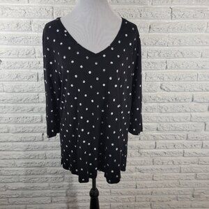 Lane Bryant Women Top 22 24 Plus 3/4 Sleeve Black Painted Polka Dot GEO187E